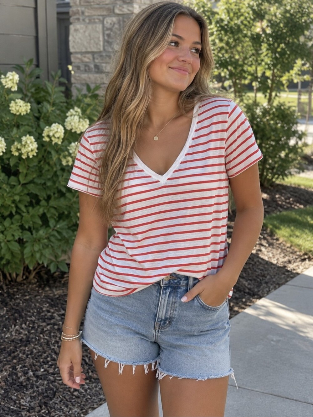 Madewell Red White Striped V-Neck Short Sleeve Cotton Tee Shirt Size M